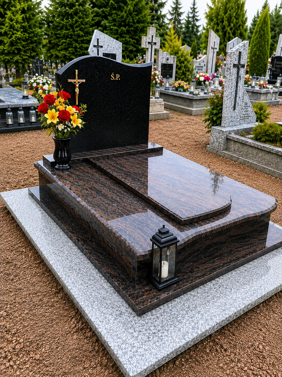 Brązowy nagrobek granitowy z czarną tablicą