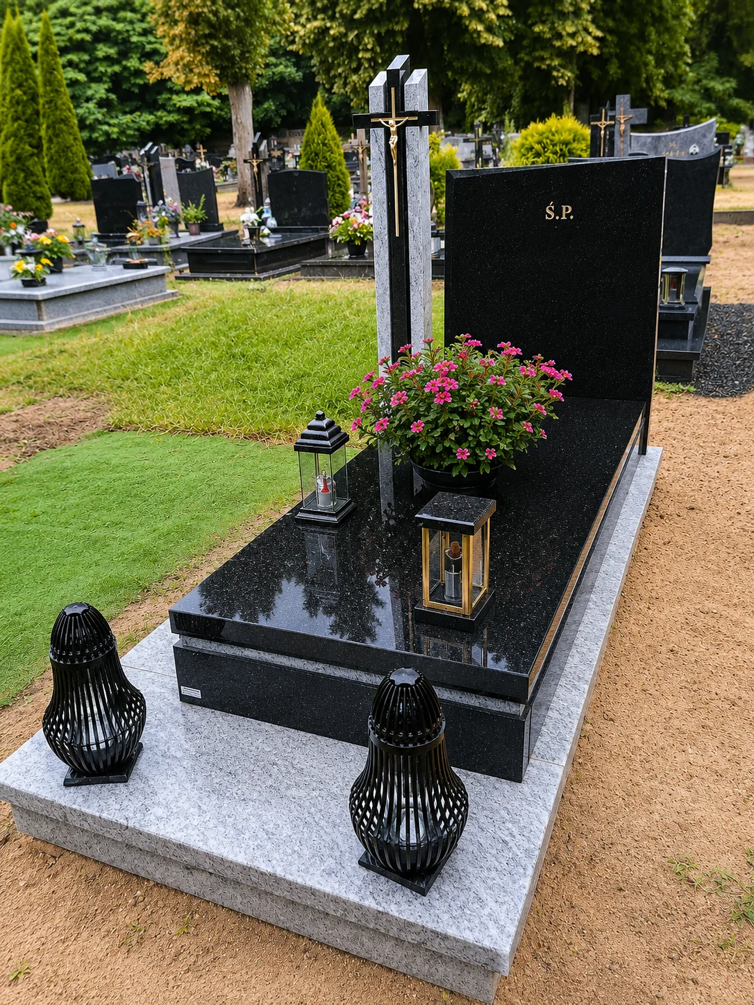 Czarny nagrobek granitowy z wysoką tablicą i krzyżem