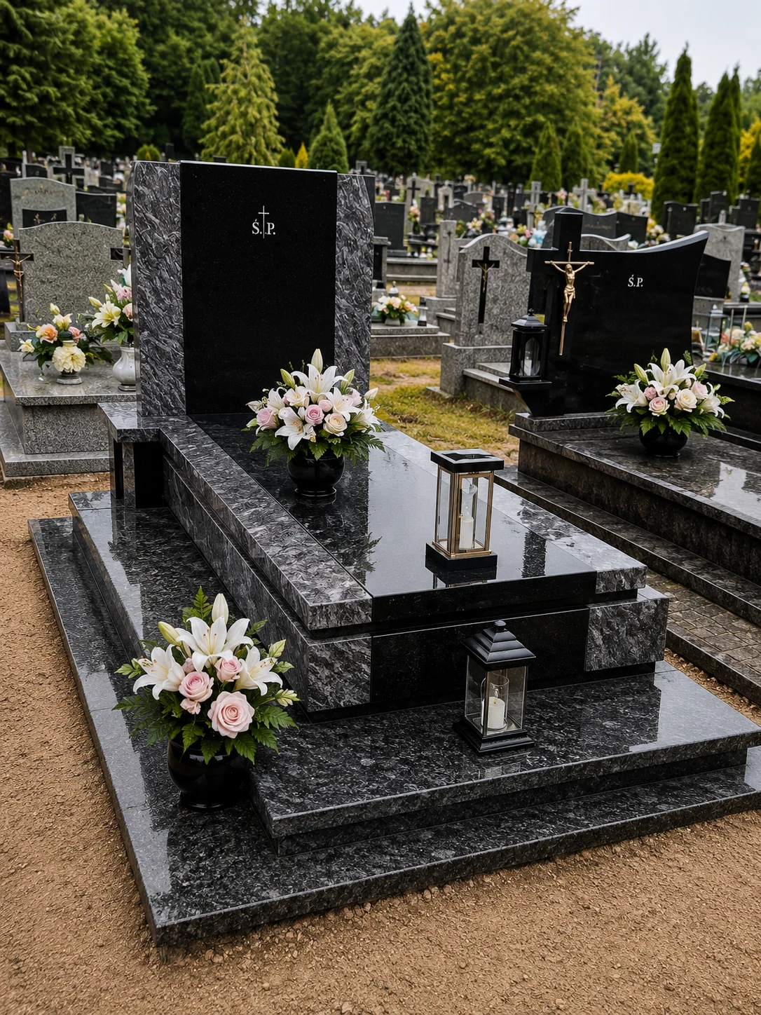 Brązowy nagrobek granitowy z czarnymi detalami
