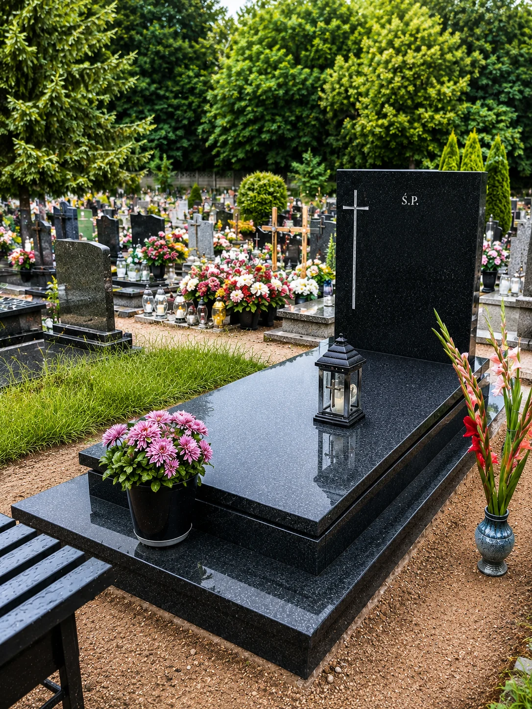 Czarny nagrobek granitowy z prostym krzyżem i dekoracją kwiatową